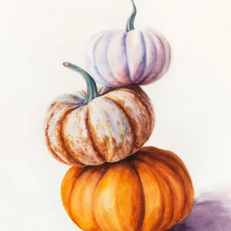 Autumn-themed watercolor painting of a pyramid of pumpkins on a white background by Kateryna Nazarenko.