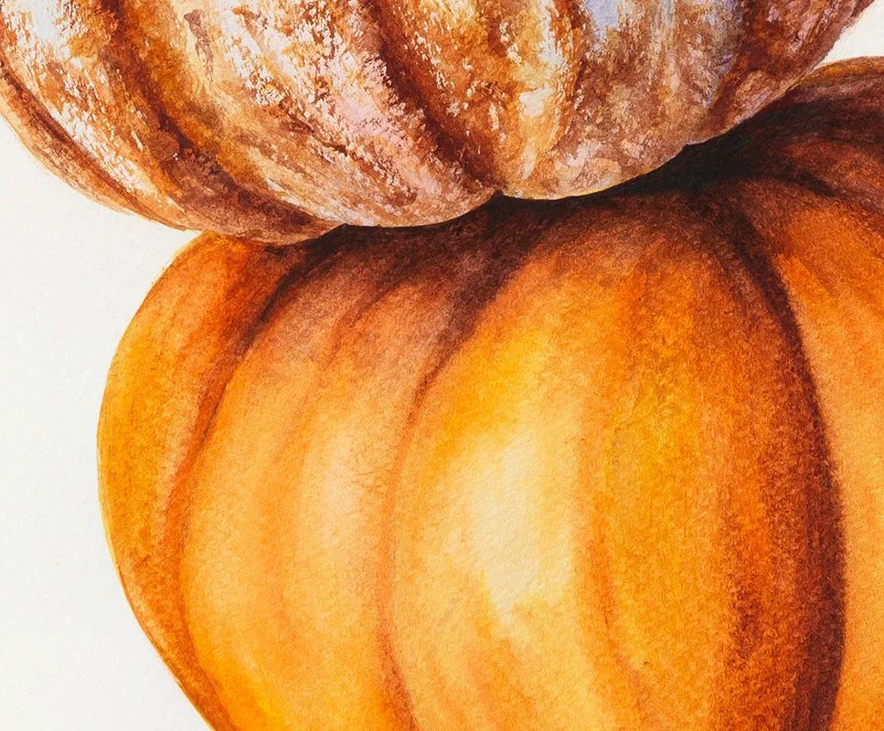 Artistic brushstroke details of the stacked pumpkins in Kateryna Nazarenko’s fall-themed artwork.