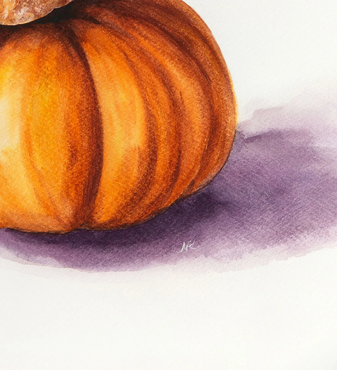 Artist signature by Kateryna Nazarenko on the festive autumn pumpkins watercolor painting.
