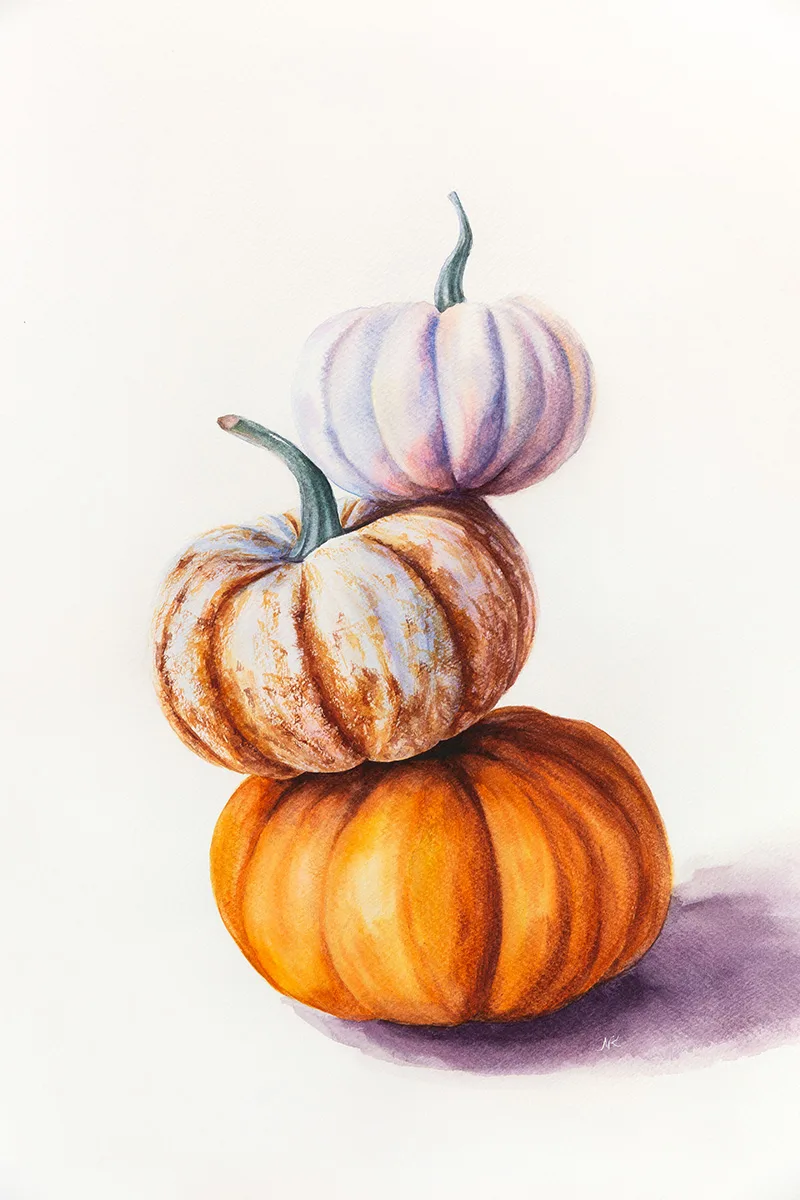 Autumn-themed watercolor painting of a pyramid of pumpkins on a white background by Kateryna Nazarenko.
