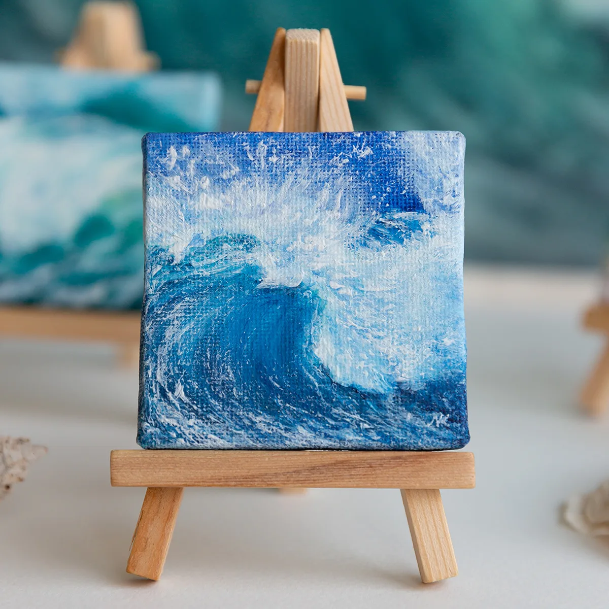 Splashing blue sea wave mini acrylic painting