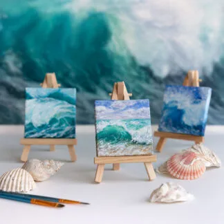 Turquoise green splashing ocean wave mini acrylic painting