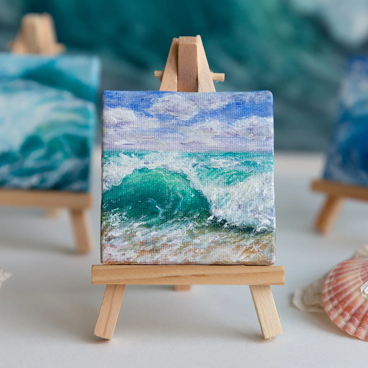 Turquoise green splashing ocean wave mini acrylic painting