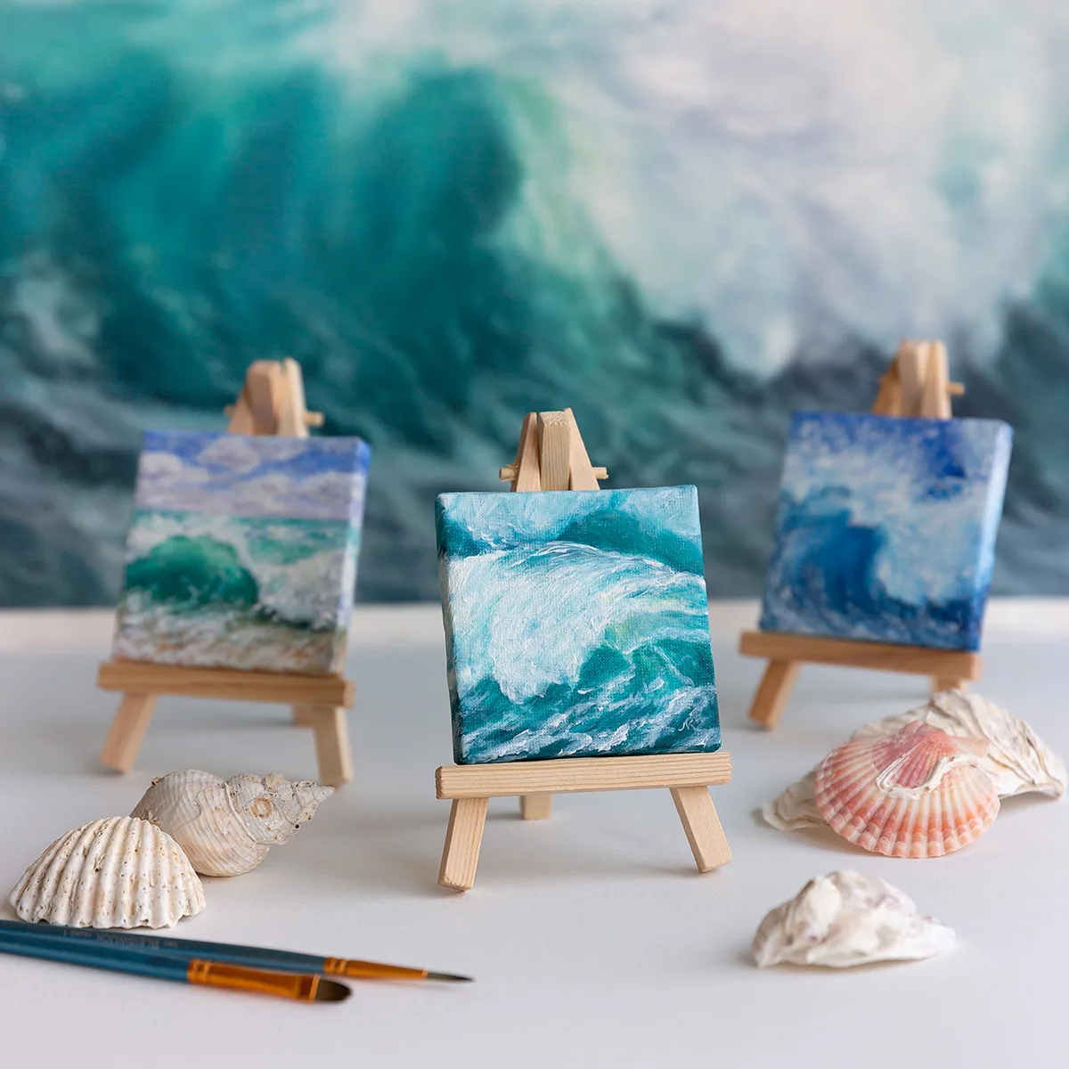 Splashing emerald sea wave mini acrylic painting
