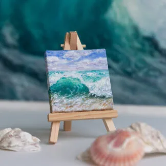 Turquoise green splashing ocean wave mini acrylic painting