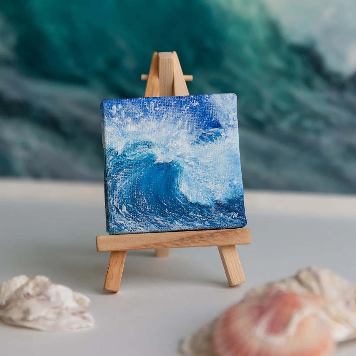 Splashing blue sea wave mini acrylic painting