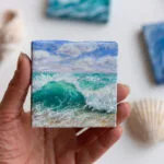 Turquoise green splashing ocean wave mini acrylic painting
