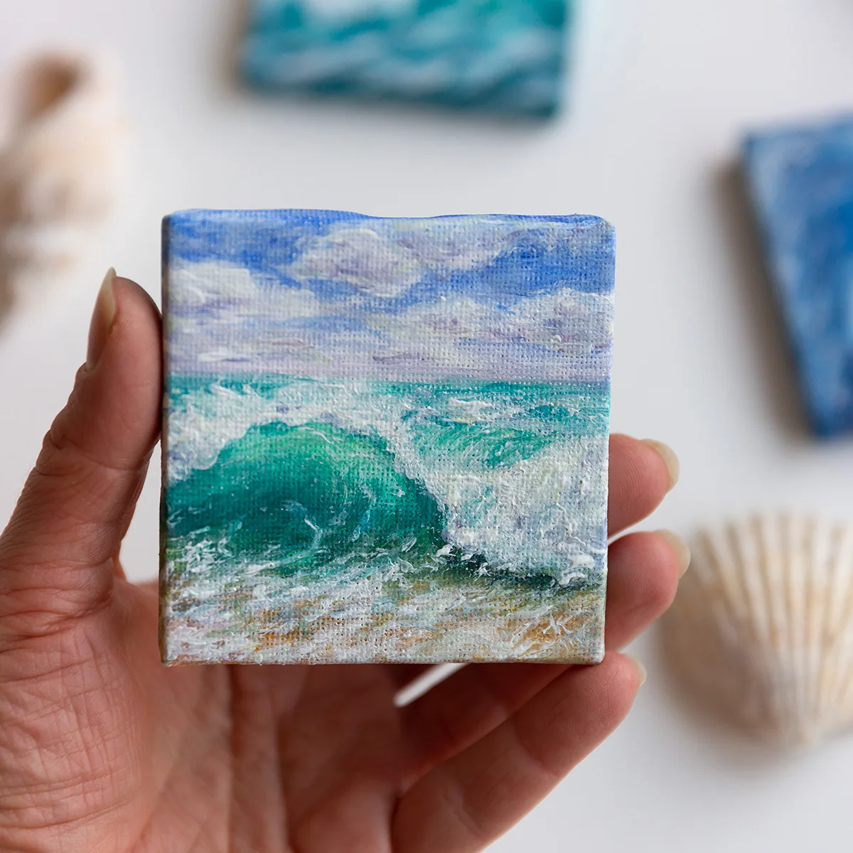 Turquoise green splashing ocean wave mini acrylic painting