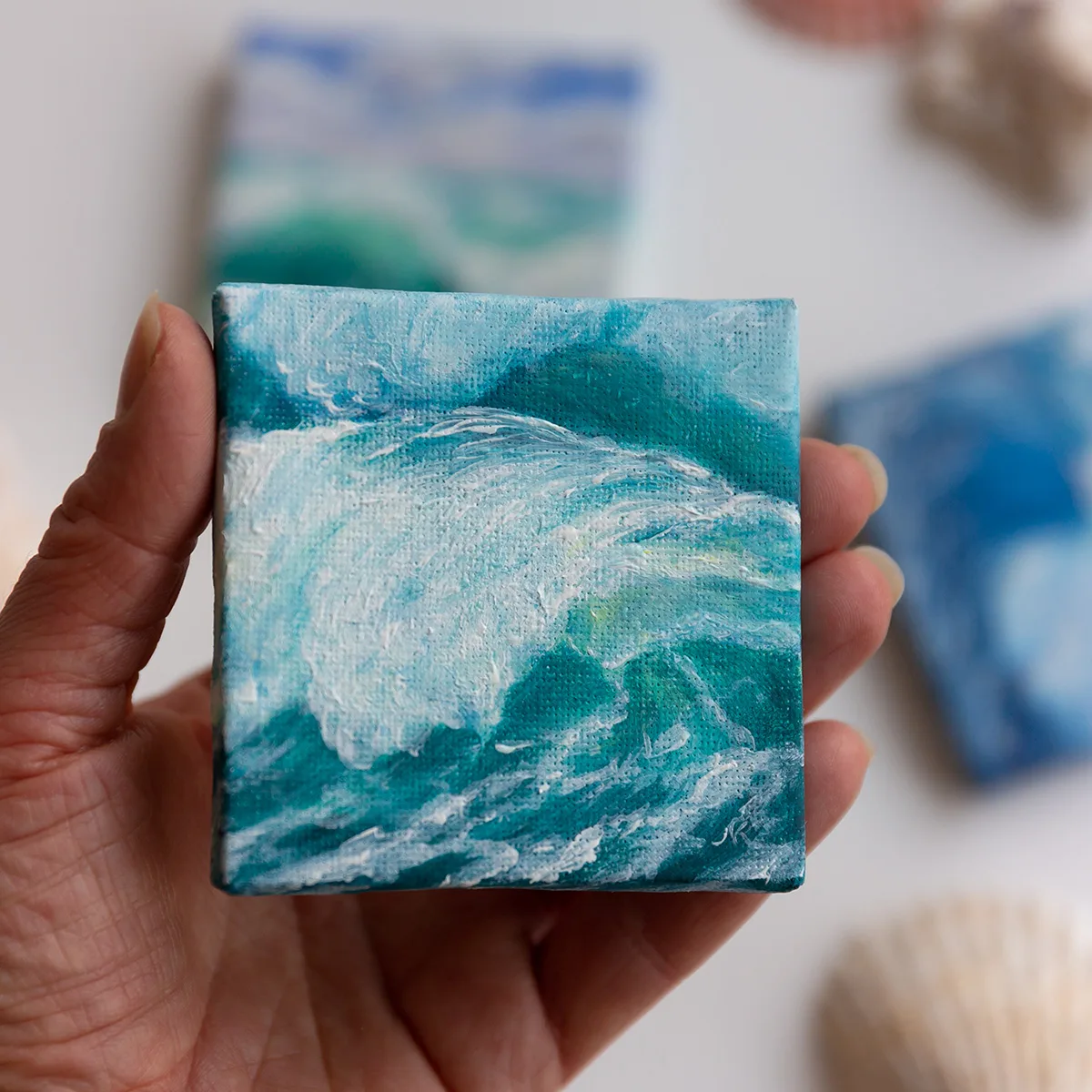 Splashing emerald sea wave mini acrylic painting