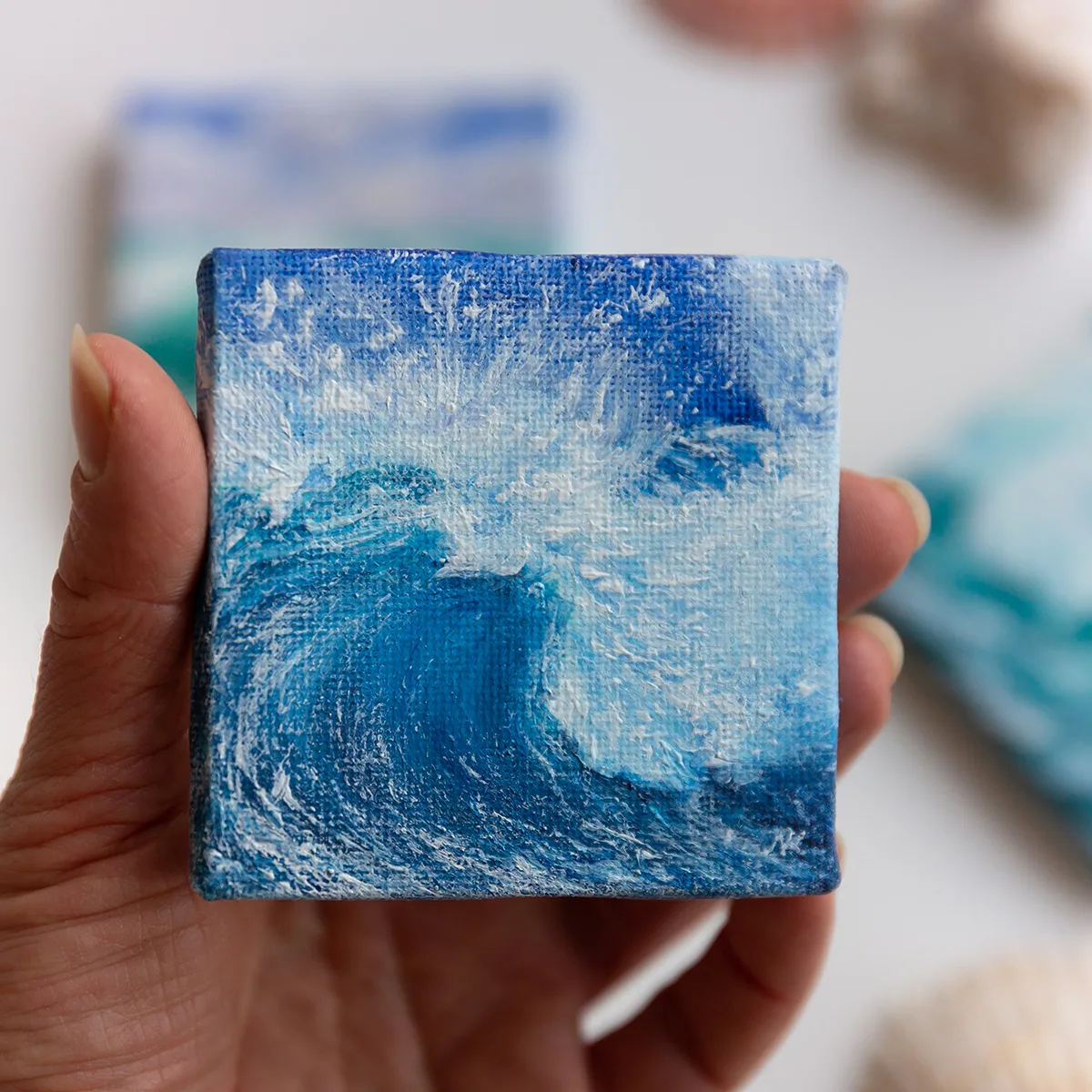 Splashing blue sea wave mini acrylic painting