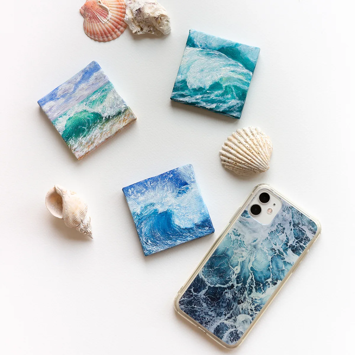 Splashing blue sea wave mini acrylic painting