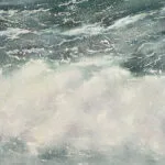 Signature of Kateryna Nazarenko on ‘Summertime,’ a watercolor painting capturing the dynamic energy of the sea.