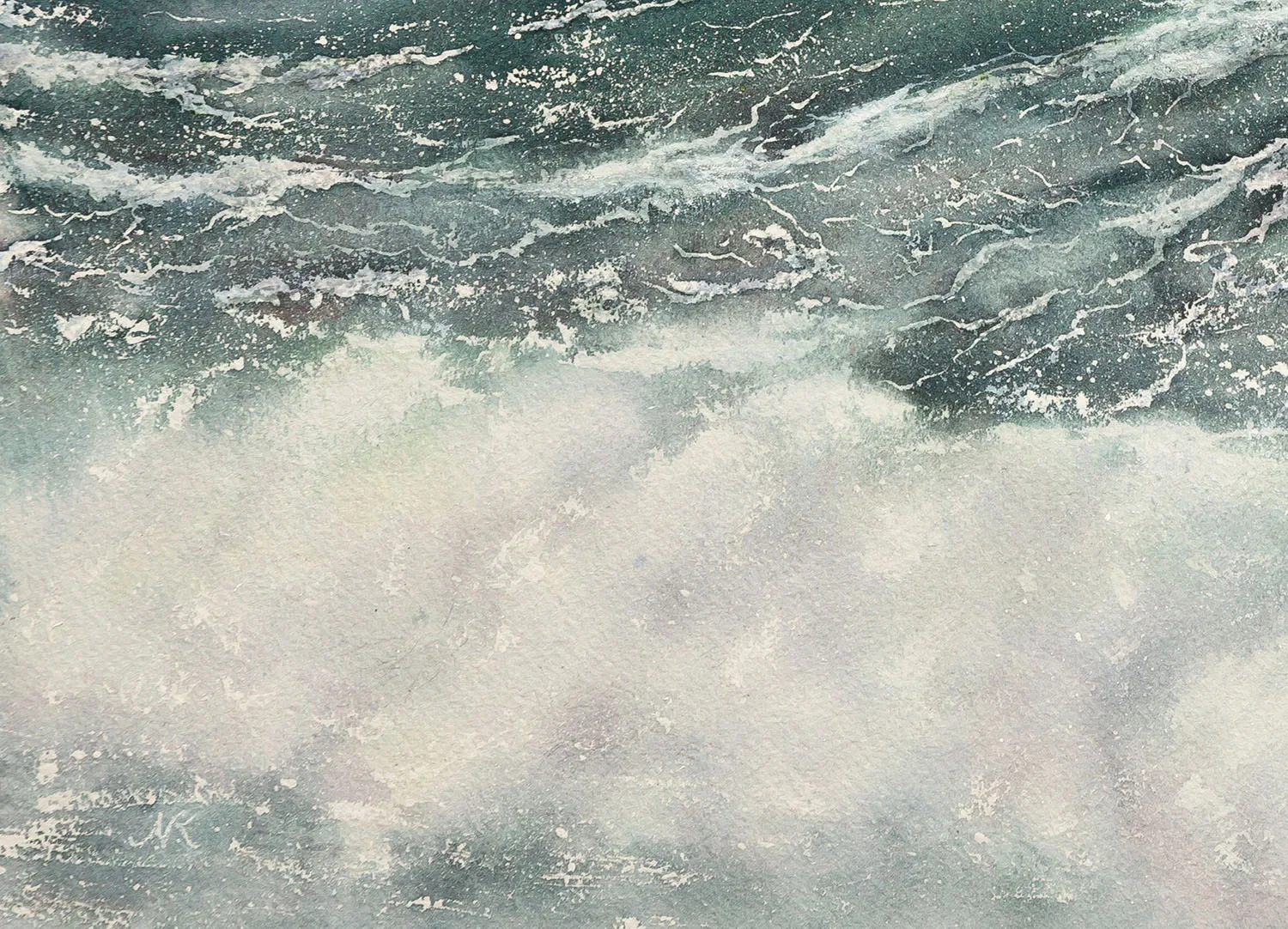 Signature of Kateryna Nazarenko on ‘Summertime,’ a watercolor painting capturing the dynamic energy of the sea.