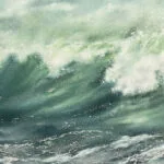 Detail of the textured watercolor brushstrokes in ‘Summertime,’ highlighting the swirling turquoise and green hues of the waves.