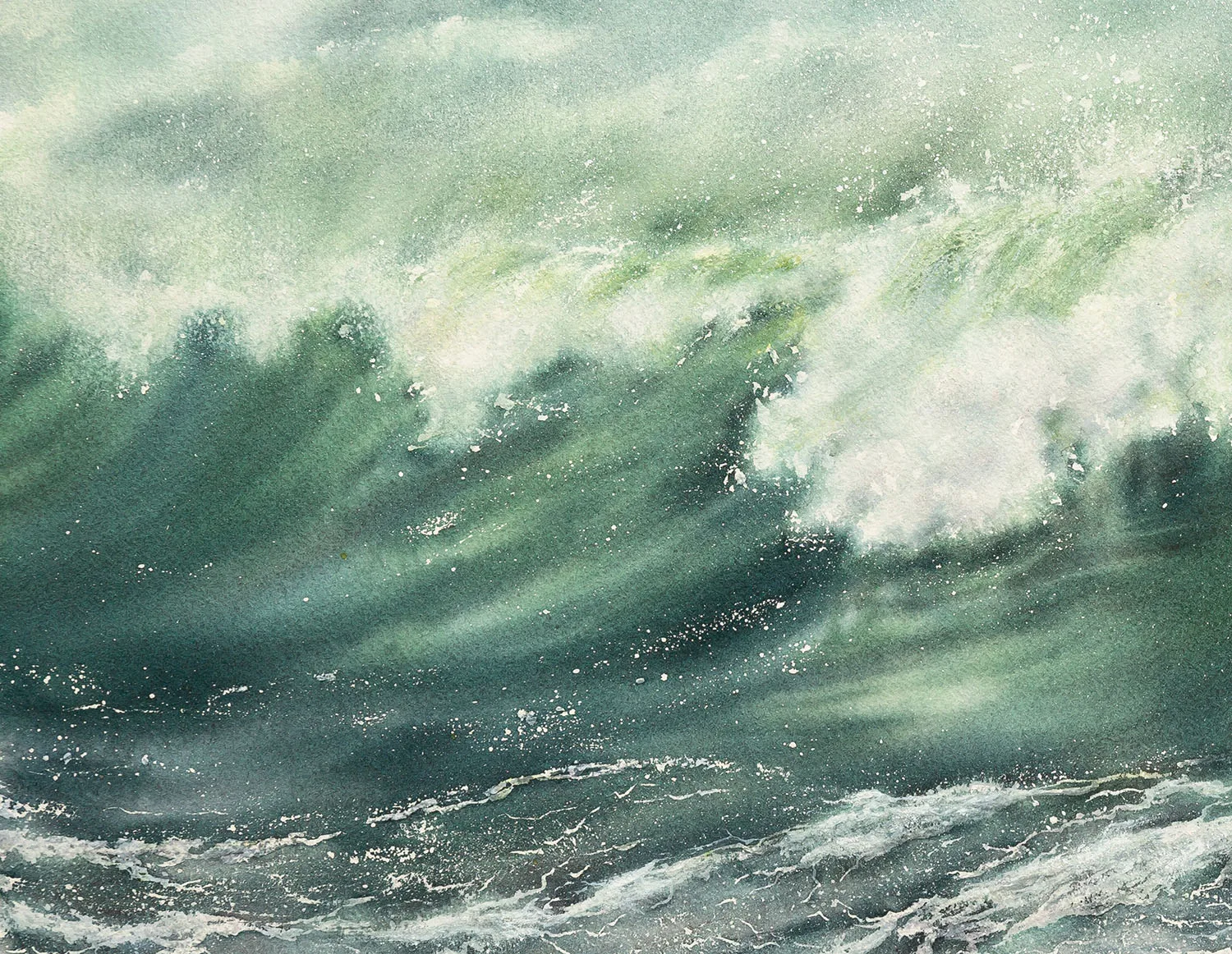 Detail of the textured watercolor brushstrokes in ‘Summertime,’ highlighting the swirling turquoise and green hues of the waves.