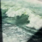 Close-up of the foamy crest in ‘Summertime,’ showcasing the vivid contrast between the dynamic ocean waves and soft watercolor brushstrokes that capture the motion of the sea.