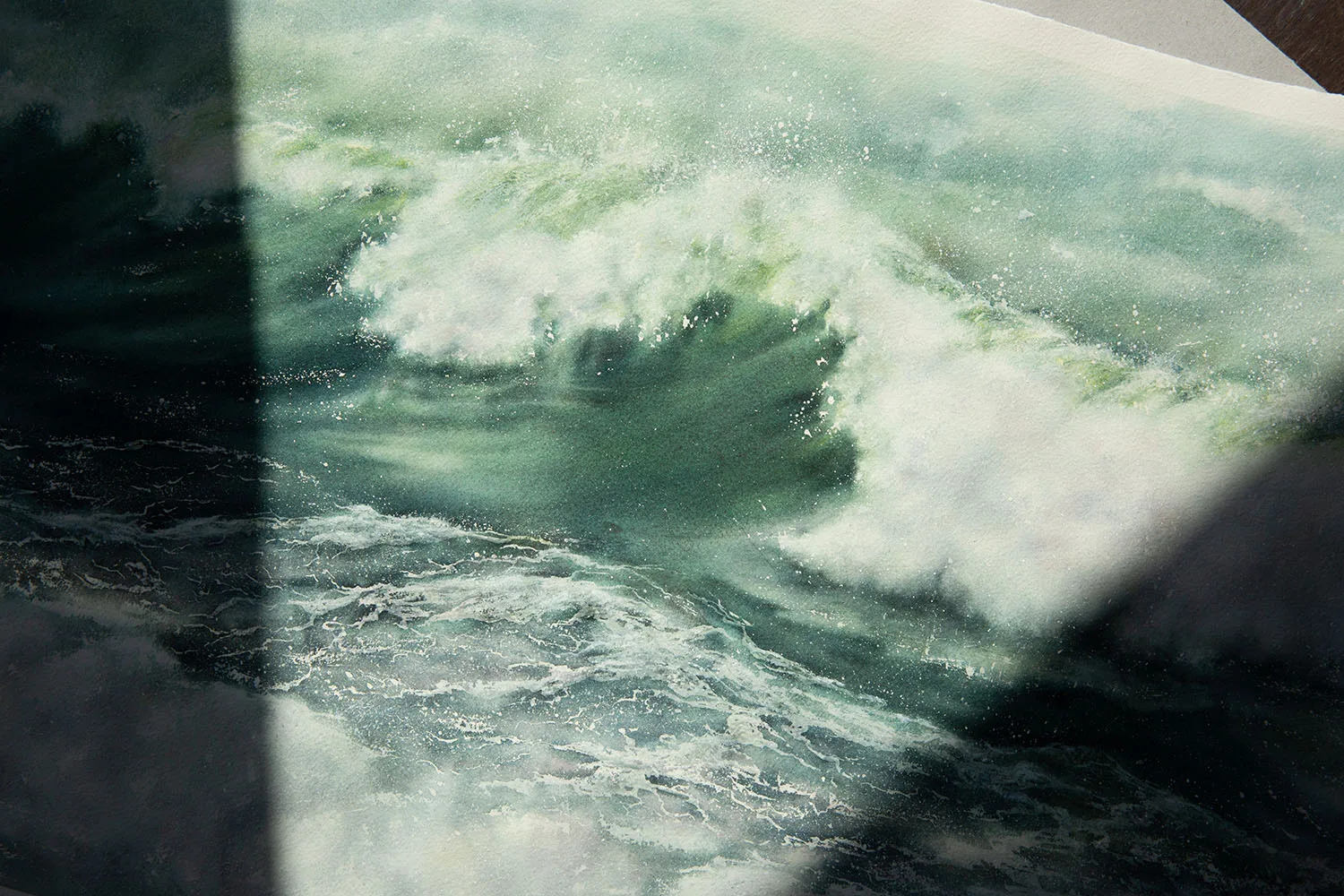 Close-up of the foamy crest in ‘Summertime,’ showcasing the vivid contrast between the dynamic ocean waves and soft watercolor brushstrokes that capture the motion of the sea.