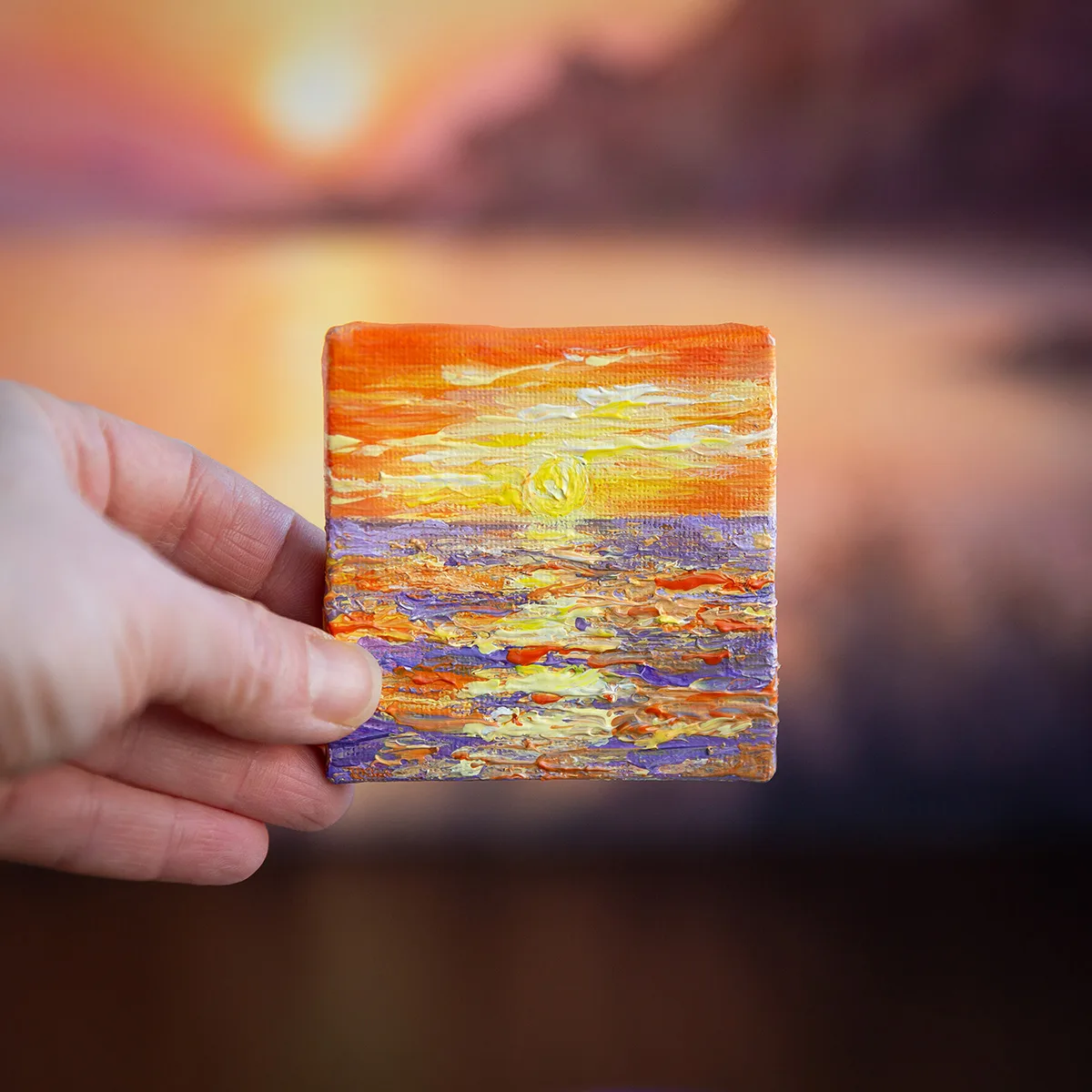 Sunset above the ocean mini acrylic painting