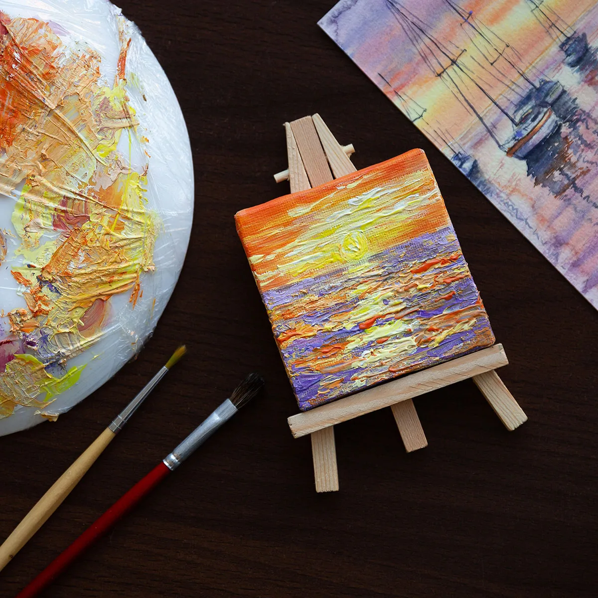 Sunset above the ocean mini acrylic painting