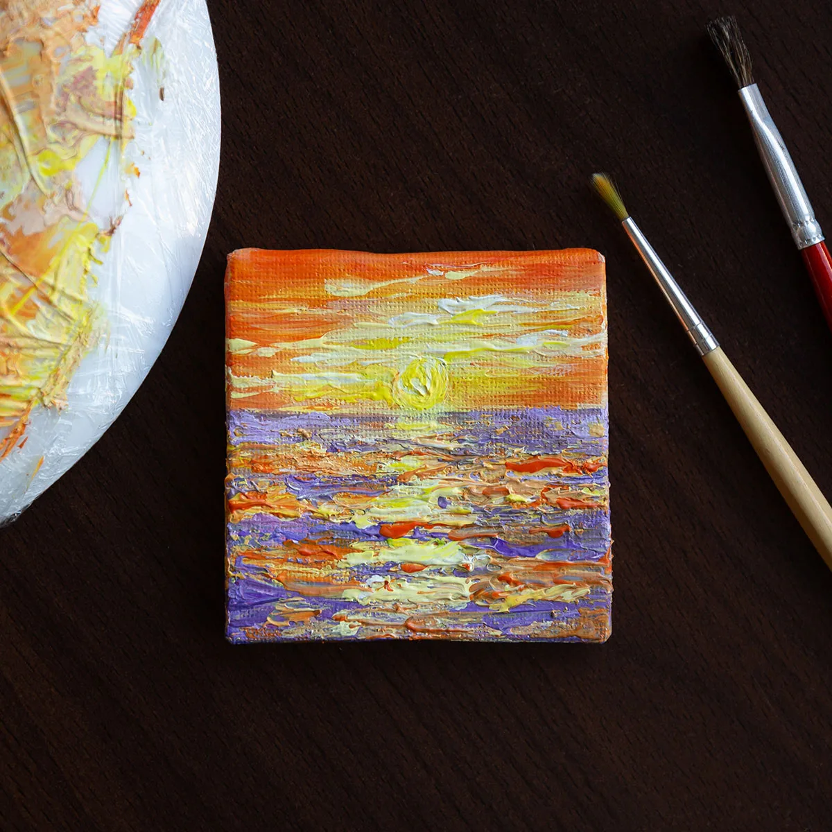 Sunset above the ocean mini acrylic painting