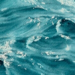 'Sparkles on Turquoise Water,' an original watercolor painting by Kateryna Nazarenko, featuring shimmering turquoise waves and delicate light reflections that create a calming seascape.