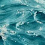 'Sparkles on Turquoise Water,' an original watercolor painting by Kateryna Nazarenko, featuring shimmering turquoise waves and delicate light reflections that create a calming seascape.