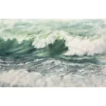 ‘Summertime,’ an original watercolor painting depicting the dynamic motion of summer waves with a blend of green and blue tones, capturing the essence of the ocean's energy.