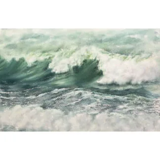 ‘Summertime,’ an original watercolor painting depicting the dynamic motion of summer waves with a blend of green and blue tones, capturing the essence of the ocean's energy.