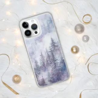 Watercolor Winter Snowy Foggy Forest iPhone Case – Christmas Landscape Phone Cover