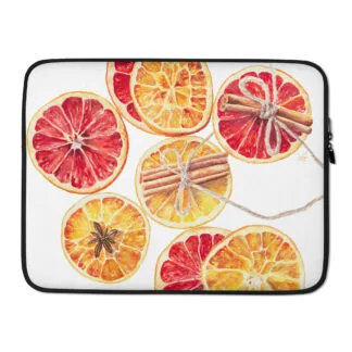 Colourful winter laptop sleeve case with Christmas oranges watercolor painting print on white background