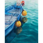 Wide shot of the serene ‘Blue and Yellow Boat’ watercolor, capturing the peaceful harmony of the boat on the reflective sea.