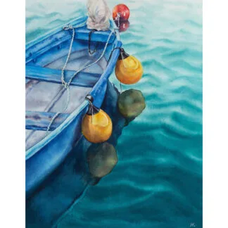 Wide shot of the serene ‘Blue and Yellow Boat’ watercolor, capturing the peaceful harmony of the boat on the reflective sea.