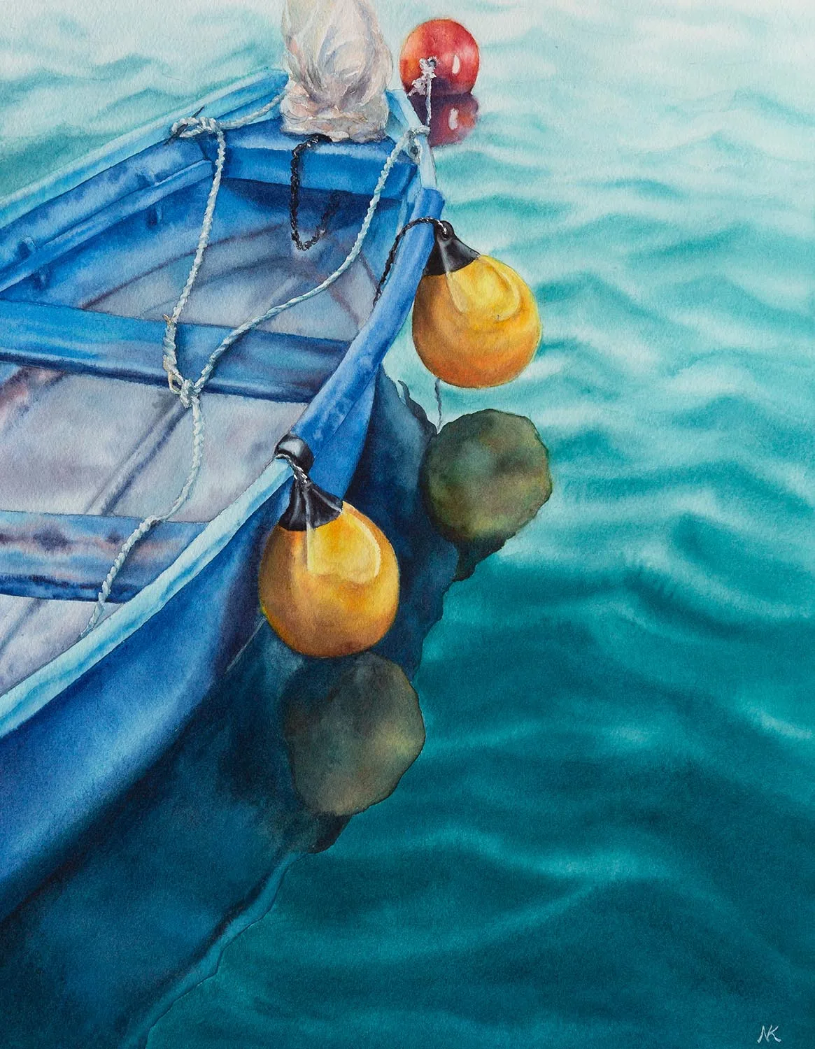 Full view of ‘Blue and Yellow Boat,’ a watercolor painting of a tranquil blue boat with yellow fenders floating on calm water."