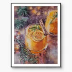 Framed watercolor painting of Christmas punch, adding vibrant holiday cheer to seasonal decor.