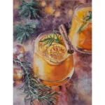 Festive watercolor painting of a glowing glass of orange Christmas punch with holiday greenery by Kateryna Nazarenko.
