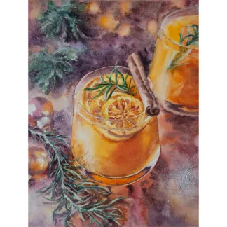 Festive watercolor painting of a glowing glass of orange Christmas punch with holiday greenery by Kateryna Nazarenko.