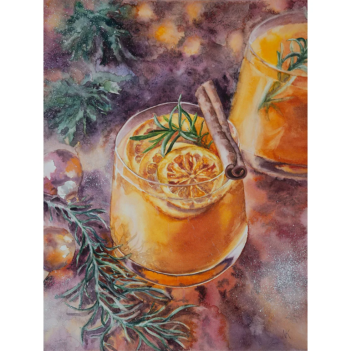 Festive watercolor painting of a glowing glass of orange Christmas punch with holiday greenery by Kateryna Nazarenko.