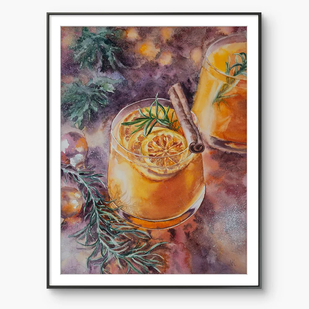 Framed watercolor painting of Christmas punch, adding vibrant holiday cheer to seasonal decor.
