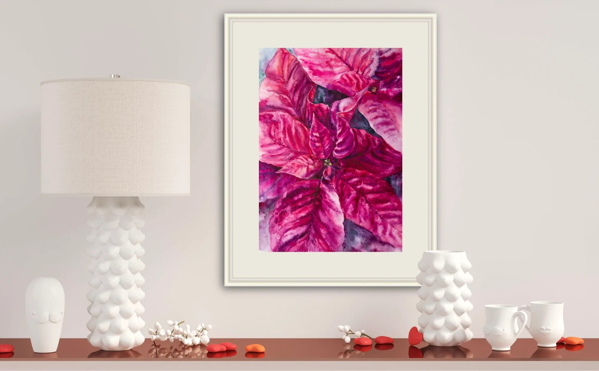 Poinsettia Magenta painting on the wall of a cozy living room, adding a touch of festive elegance with its bold red and magenta hues.