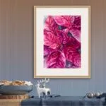 Poinsettia Magenta painting displayed above a shelf, bringing color and cheer to any room with its dynamic red and magenta tones.