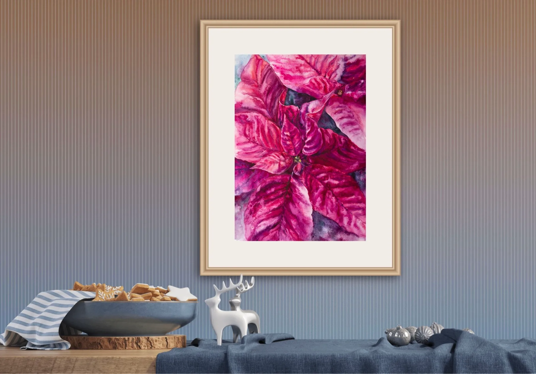 Poinsettia Magenta painting displayed above a shelf, bringing color and cheer to any room with its dynamic red and magenta tones.