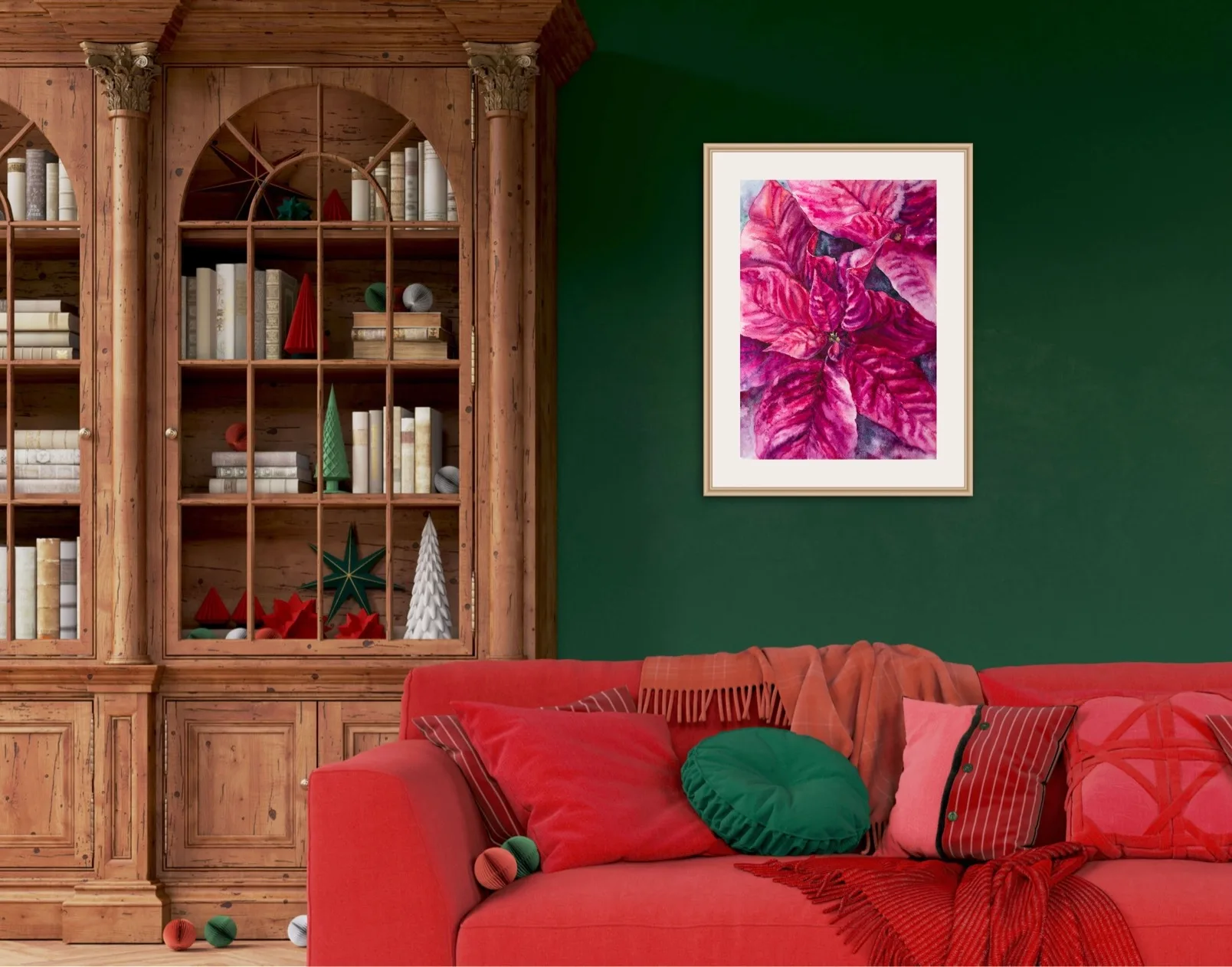 Poinsettia Magenta watercolor painting placed above the sofa in a living room, infusing the space with joyful, festive vibes.