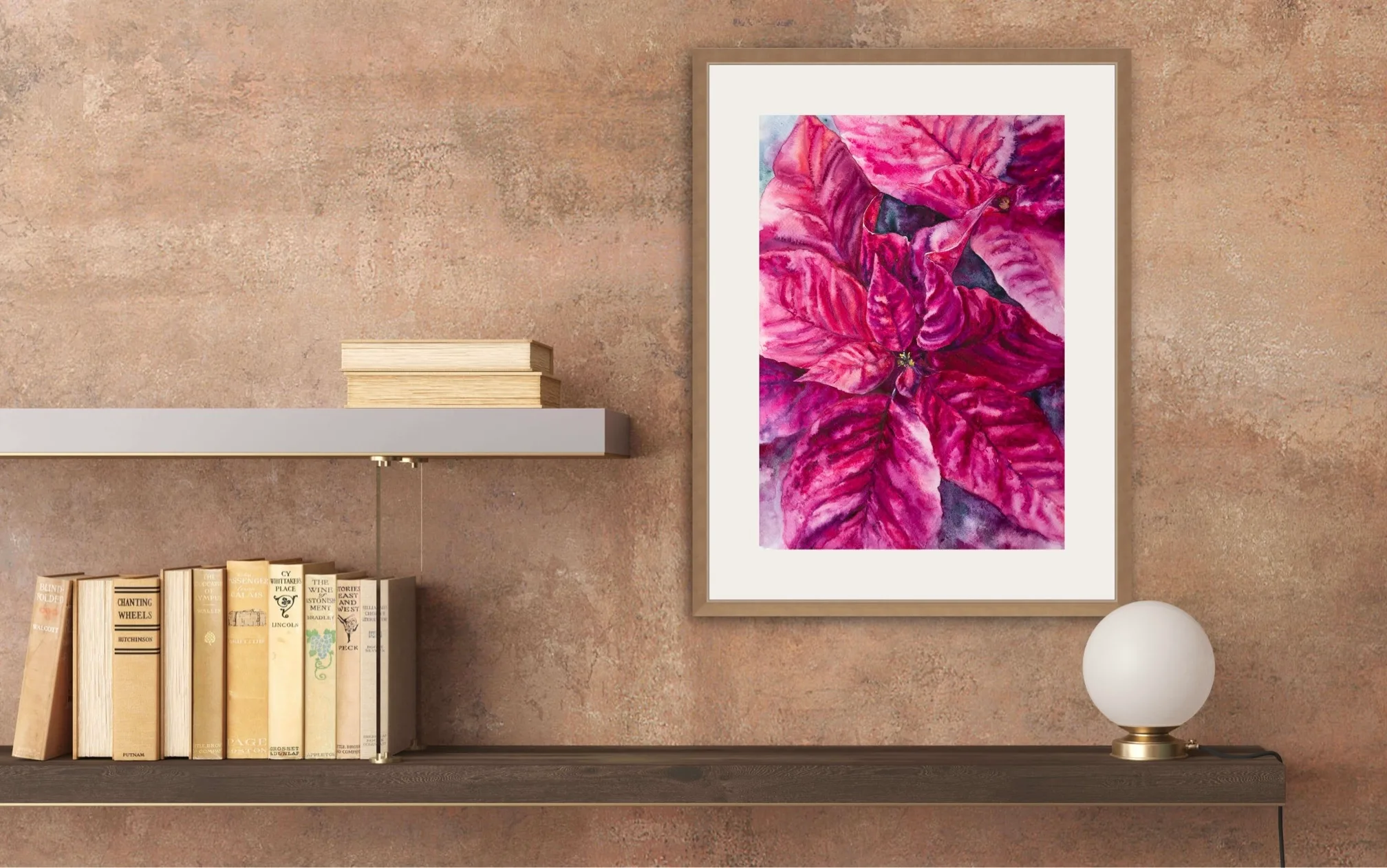 Bright and festive Poinsettia Magenta painting in a modern home office, uplifting the space with rich holiday colors.