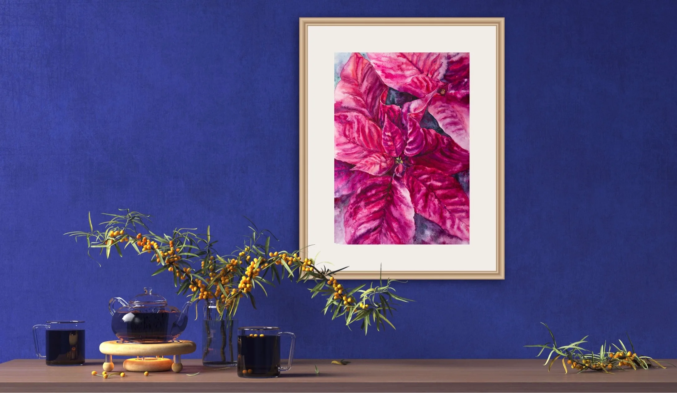 Vibrant magenta Poinsettia watercolor painting above a shelf in a cozy living room, adding festive charm and holiday spirit to the space.