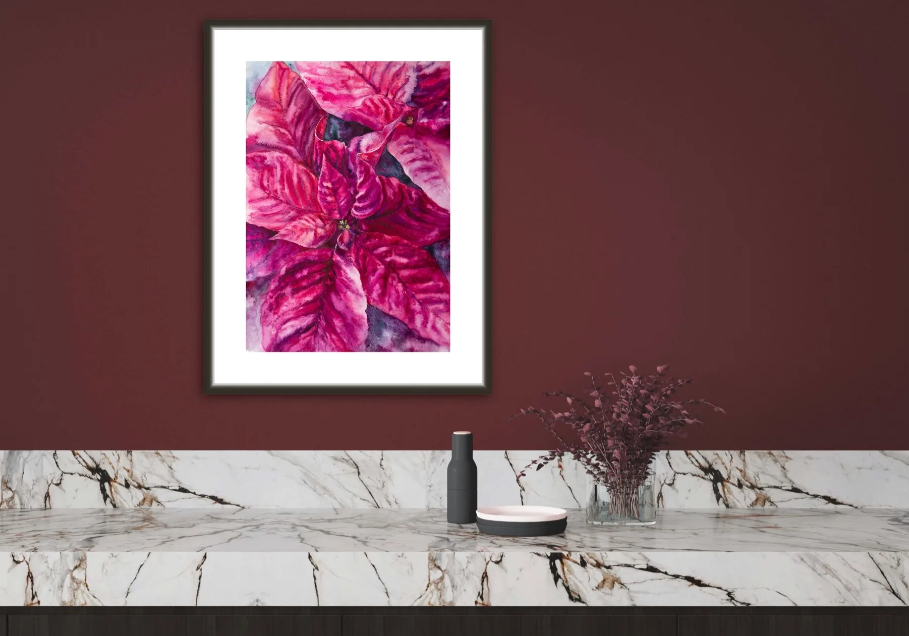Poinsettia Magenta painting in a modern kitchen, filling the space with bright, joyful holiday colors and festive energy.