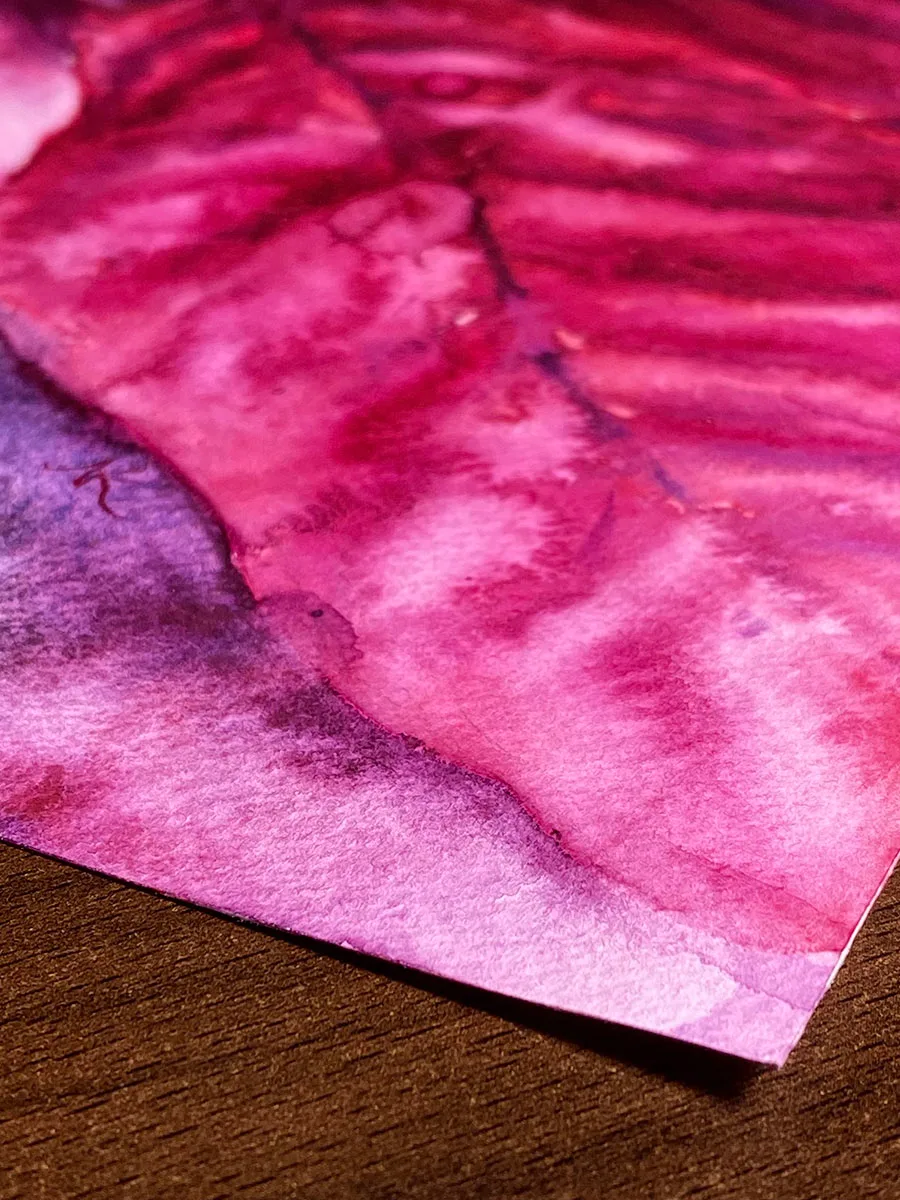Detailed closeup of the red and magenta shades in the Poinsettia flower, emphasizing the texture and lively expression of the painting.