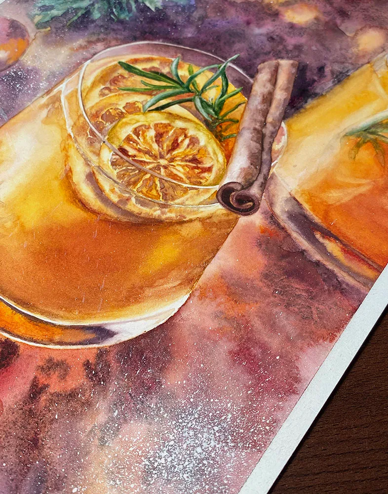 Detailed view of the luminous glass in a Christmas punch watercolor painting, showcasing warm orange hues.