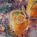 Seasonal watercolor artwork featuring a bright orange holiday drink, perfect for Christmas decor.