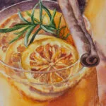 Artistic close-up of the sparkling glass in a Christmas drink watercolor painting, capturing warm seasonal tones.