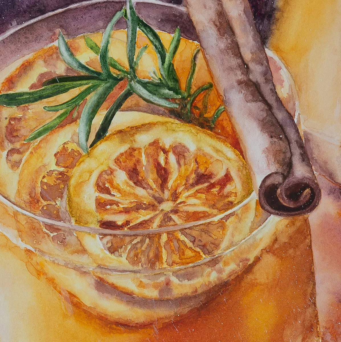 Artistic close-up of the sparkling glass in a Christmas drink watercolor painting, capturing warm seasonal tones.